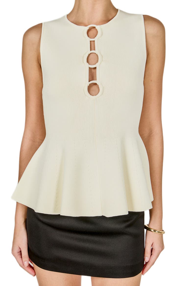 Ring Detail Sleeveless Peplum Knit Top, Alternate, color, OFF WHITE