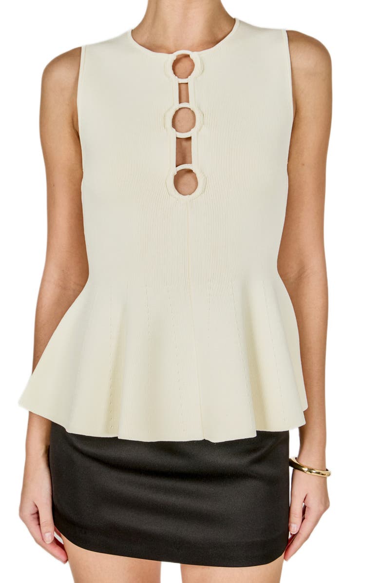 Endless Rose Ring Detail Sleeveless Peplum Knit Top, Alternate, color, Off White