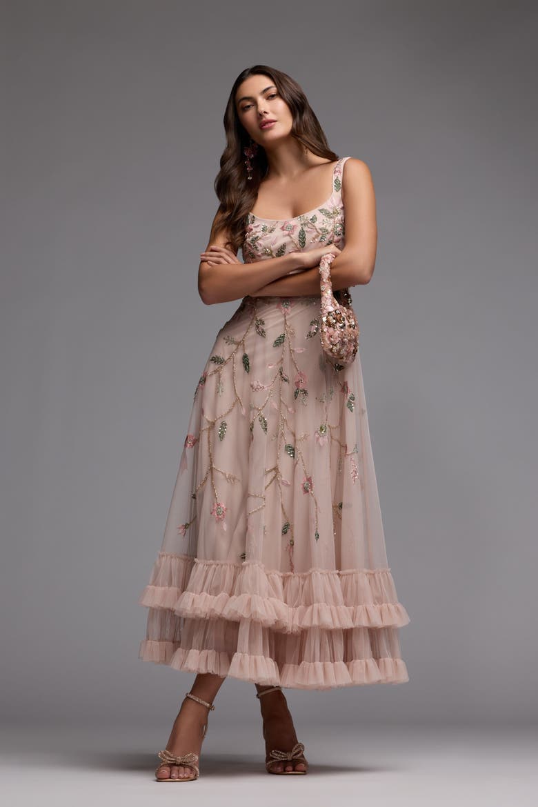 Ruffle Midi Dress with Floral Embroidery, Alternate, color, Porcelain