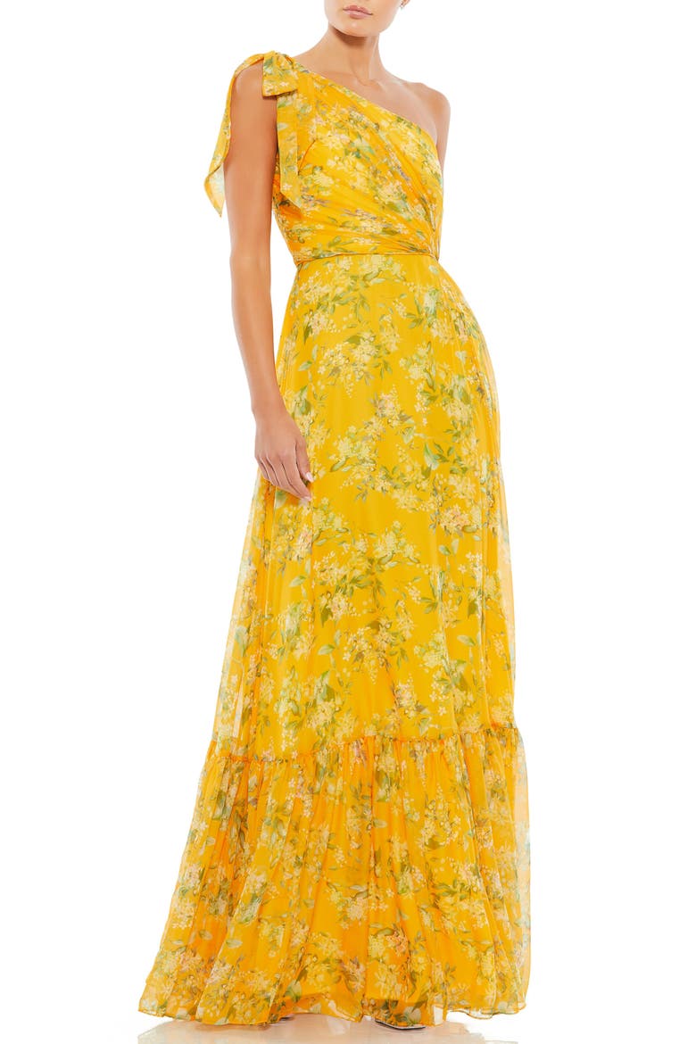 One-Shoulder Floral Print Chiffon A-Line Gown, Main, color, YELLOW MULTI