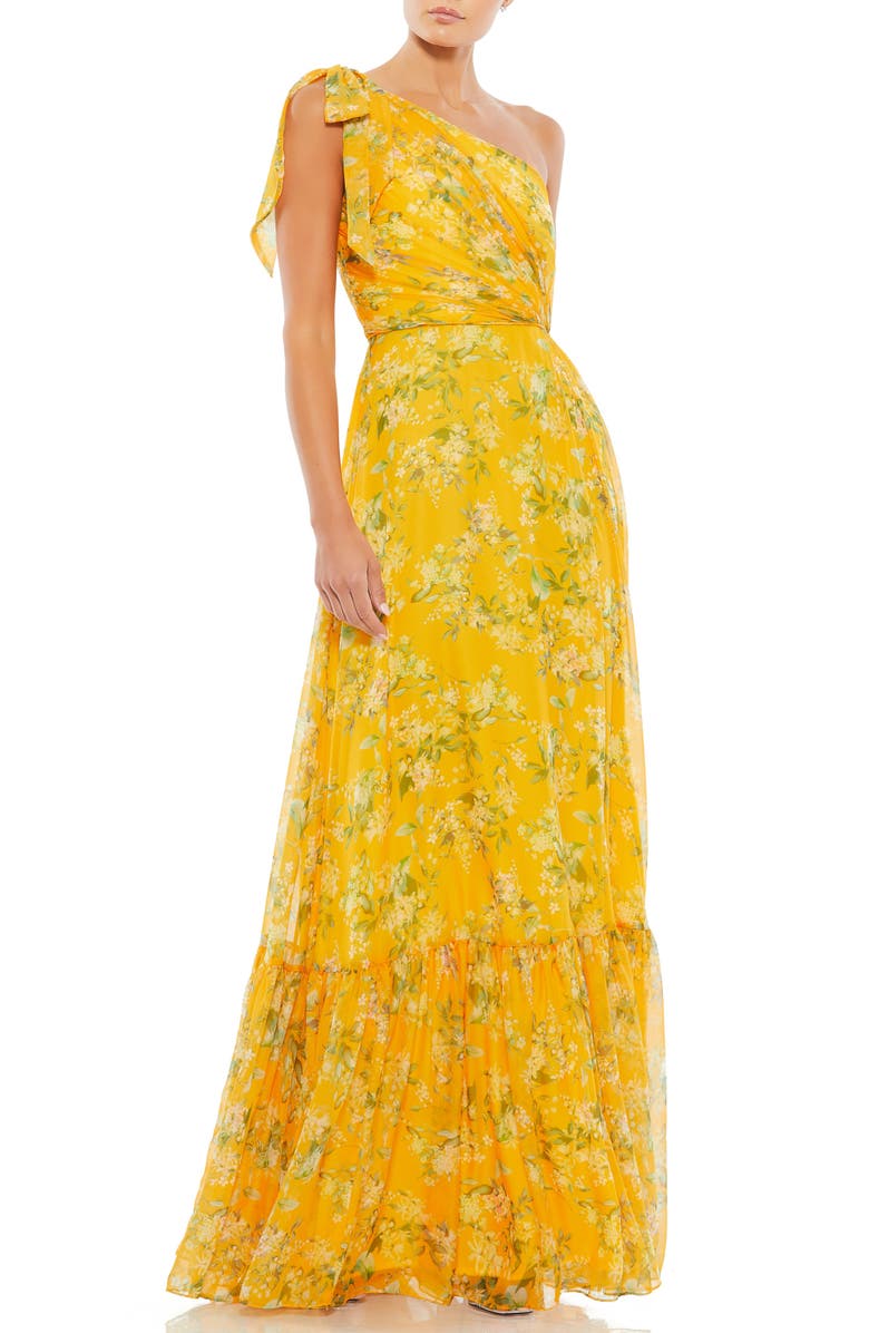 Mac Duggal One-Shoulder Floral Print Chiffon A-Line Gown, Main, color,