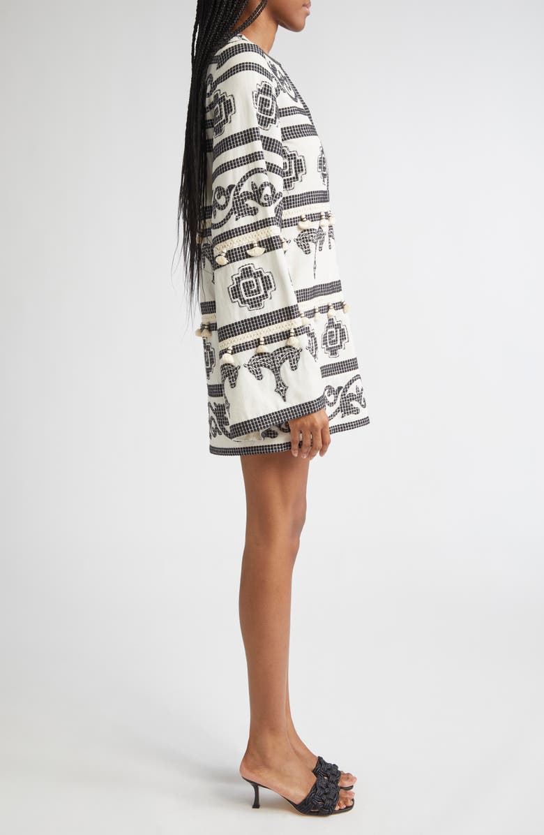 Johanna Ortiz Quetzalcalt Temple Long Sleeve Cotton Minidress, Alternate, color, Ecru / Black