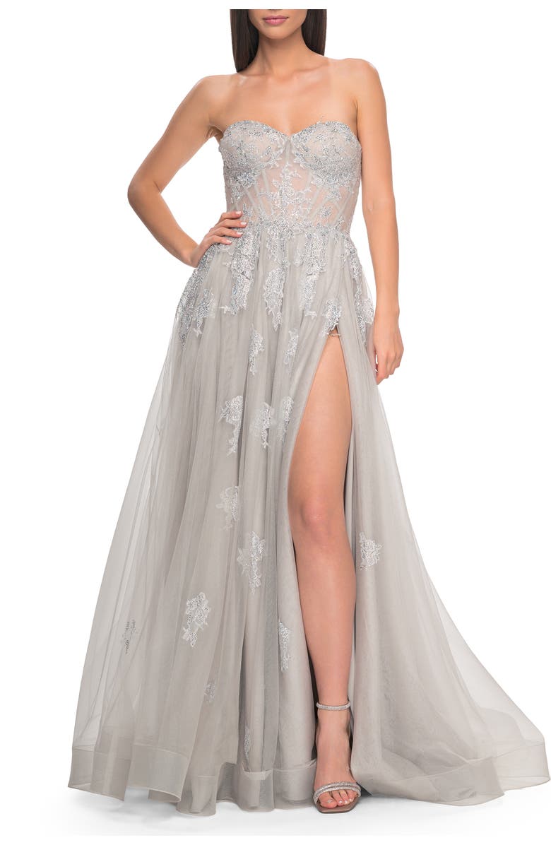 La Femme Gorgeous Lace A-Line Dress with Rhinestone Lace Details, Alternate, color, Silver