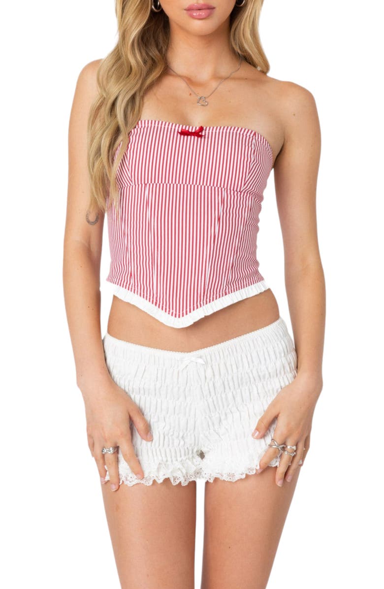 EDIKTED Hamilton Pinstripe Poplin Crop Corset Top, Main, color, Red