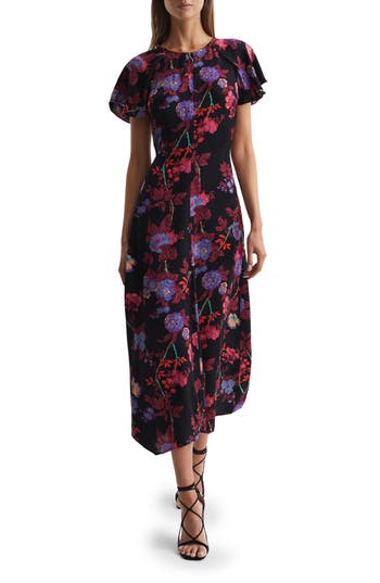 Reiss Leni Floral Print Cap Sleeve Midi Dress In Black
