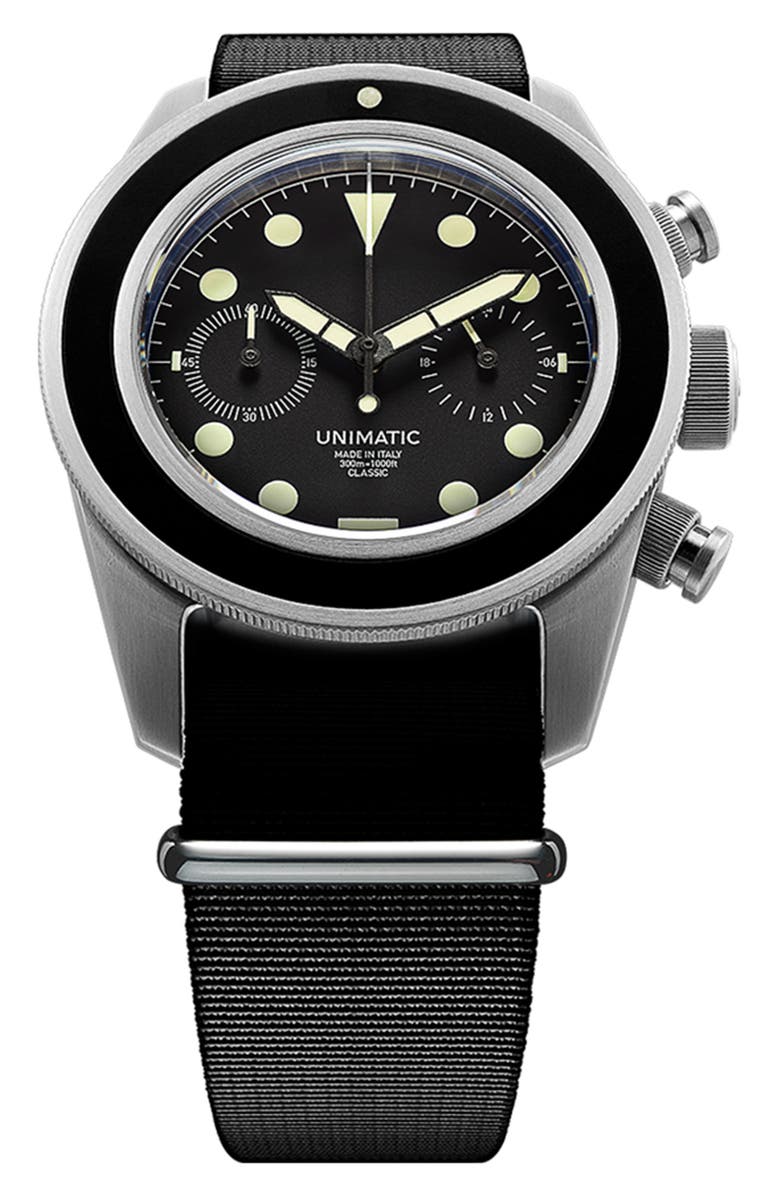 UNIMATIC Modello Tre NATO Strap Classic Chronograph Watch, 41mm x 42mm, Alternate, color, Black Steel