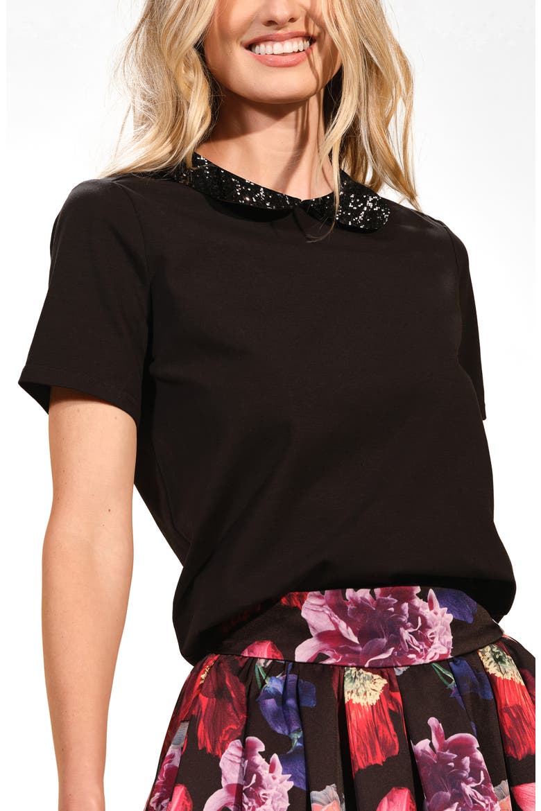 Sequin Embellished Cotton Peter Pan Collar Top, Main, color, BLACK