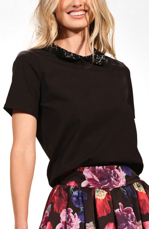 Sequin Embellished Cotton Peter Pan Collar Top