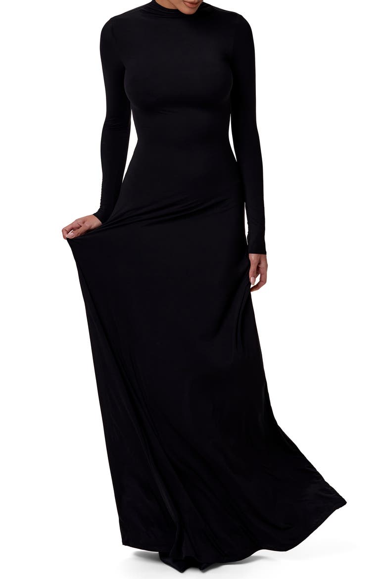Mock Neck Long Sleeve Maxi Dress, Alternate, color, BLACK