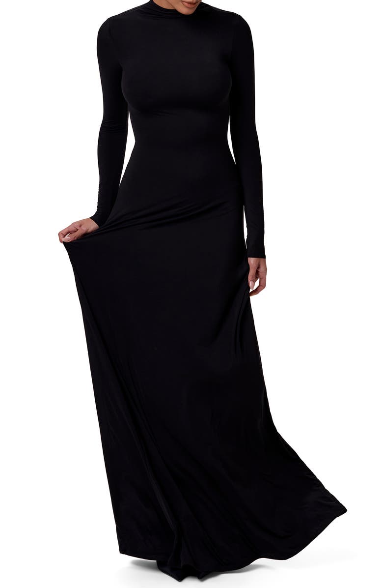 Naked Wardrobe Mock Neck Long Sleeve Maxi Dress, Alternate, color, Black