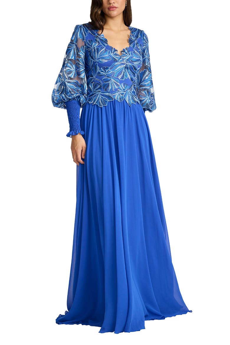 Embroidered Bodice Long Sleeve Gown, Alternate, color, BLUE LAGOON
