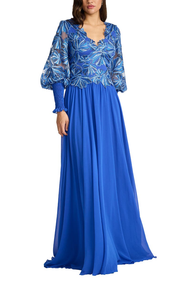Tadashi Shoji Embroidered Bodice Long Sleeve Gown, Alternate, color, Blue Lagoon