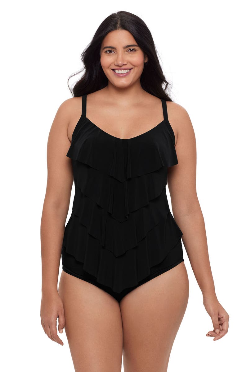 Trimshaper Rachel 5 Tier Ruffle Plus Size Tankini Swimsuit Top, Alternate, color, Black