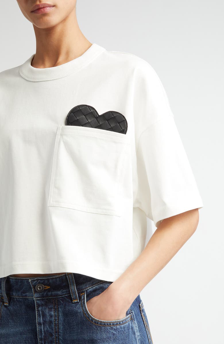 Bottega Veneta Soft Cotton Jersey Crop T-Shirt with Detachable Intrecciato Leather Heart, Alternate, color, 