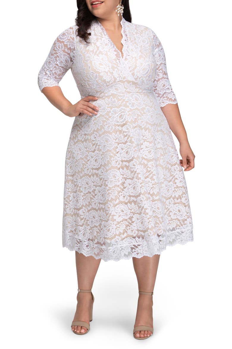 Bella Lace Fit & Flare Dress, Alternate, color, WHITE WITH CHAMPAGNE LINING