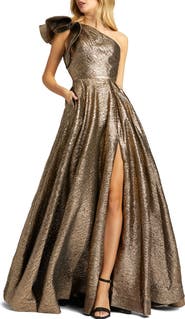 Mac Duggal One Shoulder Bow Detail Metallic Ballgown