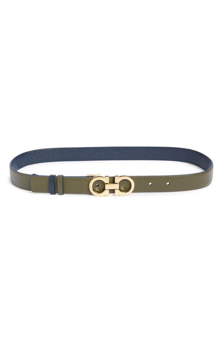 FERRAGAMO Double Gancio Reversible Leather Belt, Main, color, New Olive New Navy