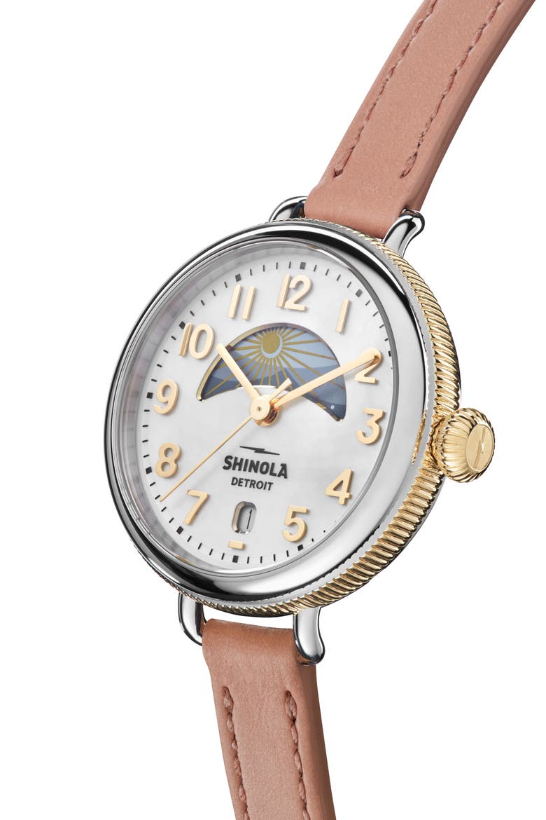 The Birdy Day & Night Leather Strap Watch, 38mm, Alternate, color, WHITE MOP