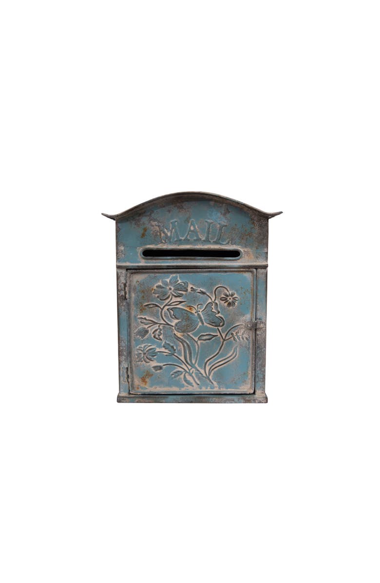 Storied Home Distressed Blue Embossed Tin "Mail" Box, Main, color, Blue