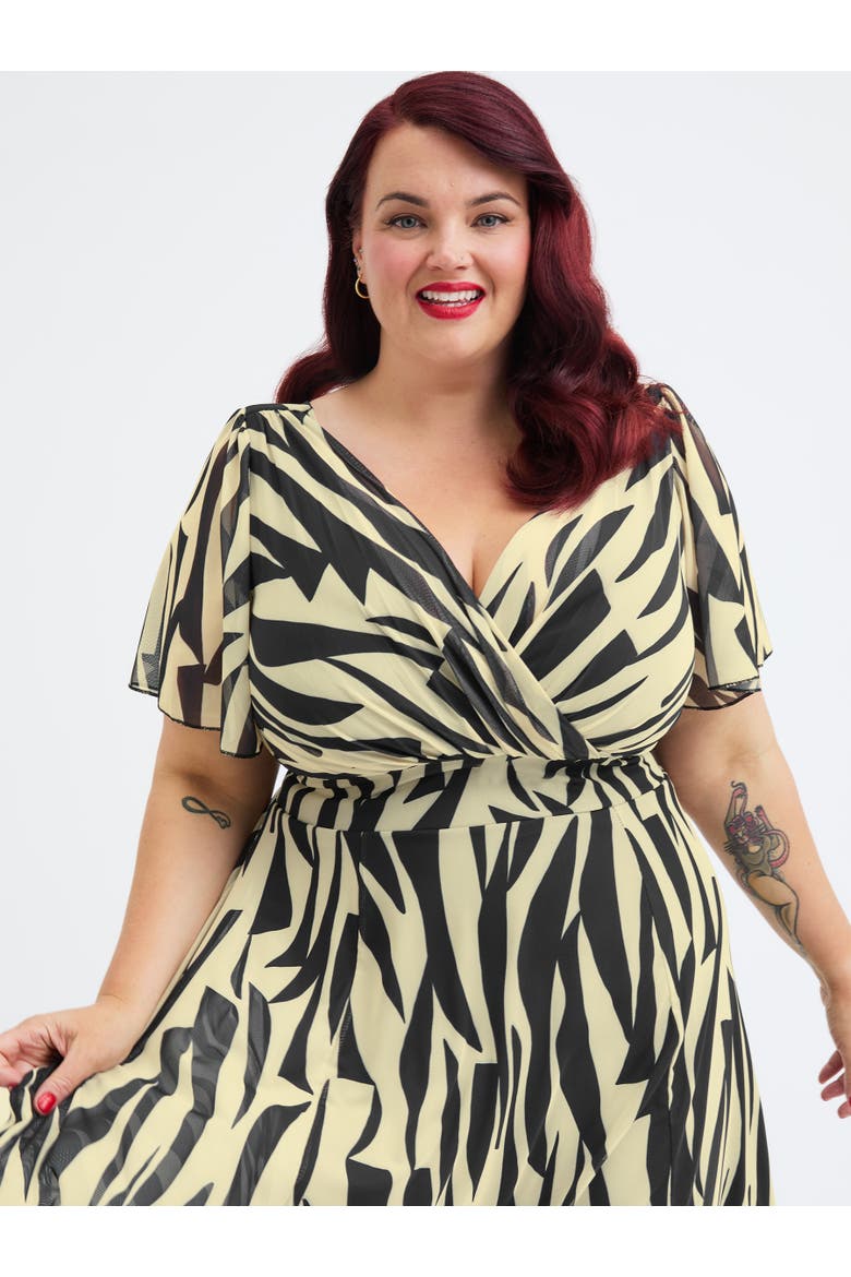 Victoria Printed Angel Sleeve Midi Dress, Alternate, color, Black Ivory