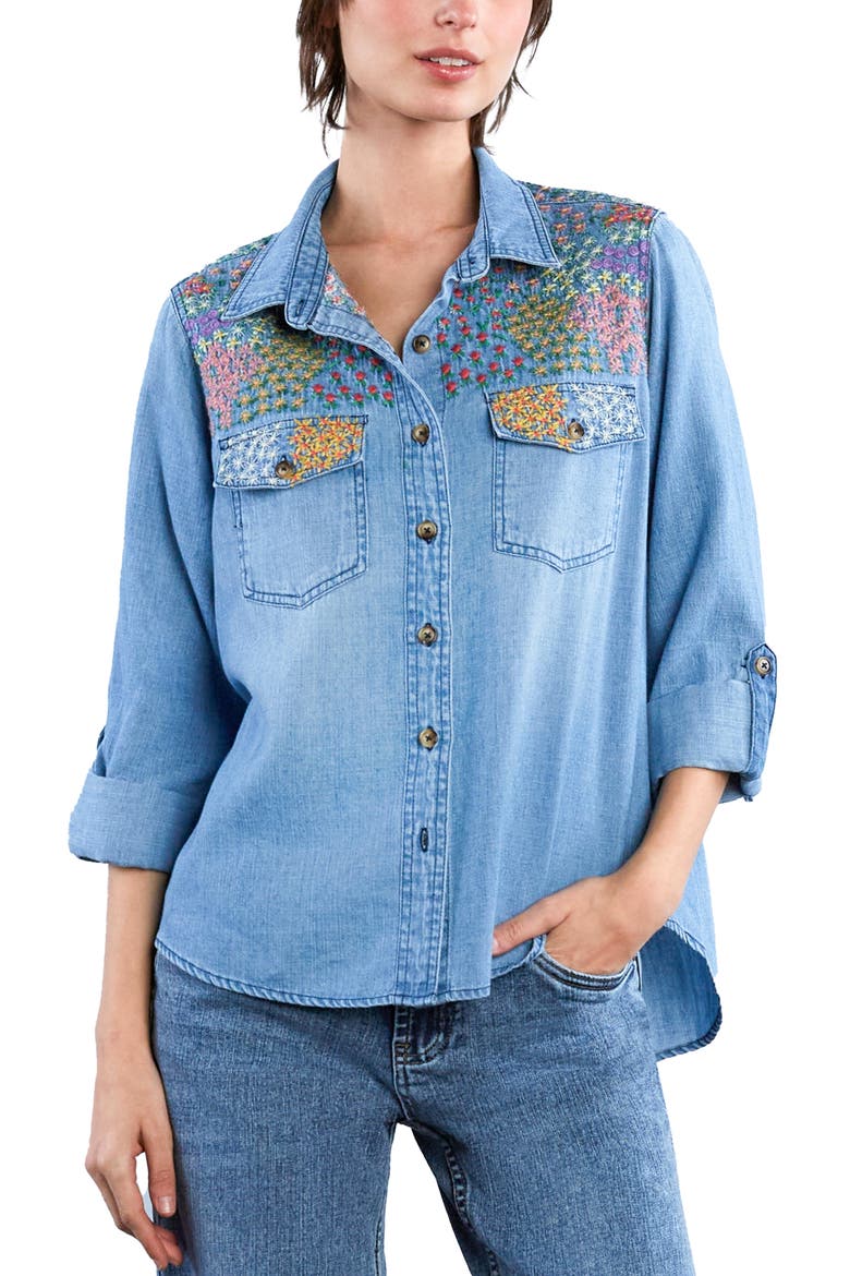 Flower Patch Embroidered Denim Button-Up Shirt, Alternate, color, DENIM