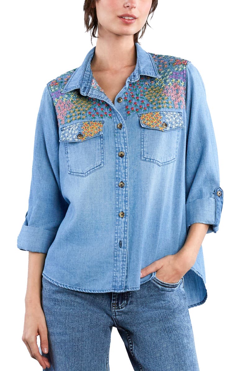 Billy T Flower Patch Embroidered Denim Button-Up Shirt, Alternate, color, Denim