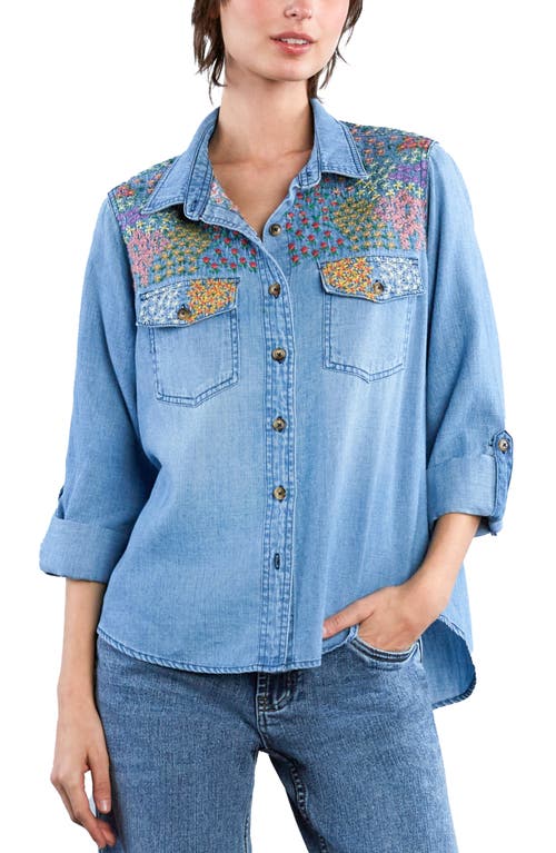 BILLY T BILLY T FLOWER PATCH EMBROIDERED DENIM BUTTON-UP SHIRT 