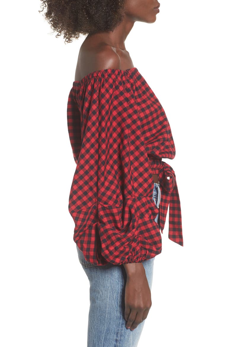 Plaid Off the Shoulder Crop Top, Alternate, color, RED/ BLACK