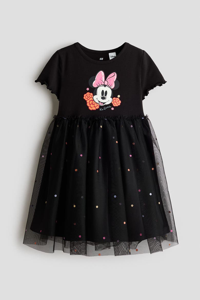 Printed Tulle-Skirt Dress, Alternate, color, Black/Minnie Mouse