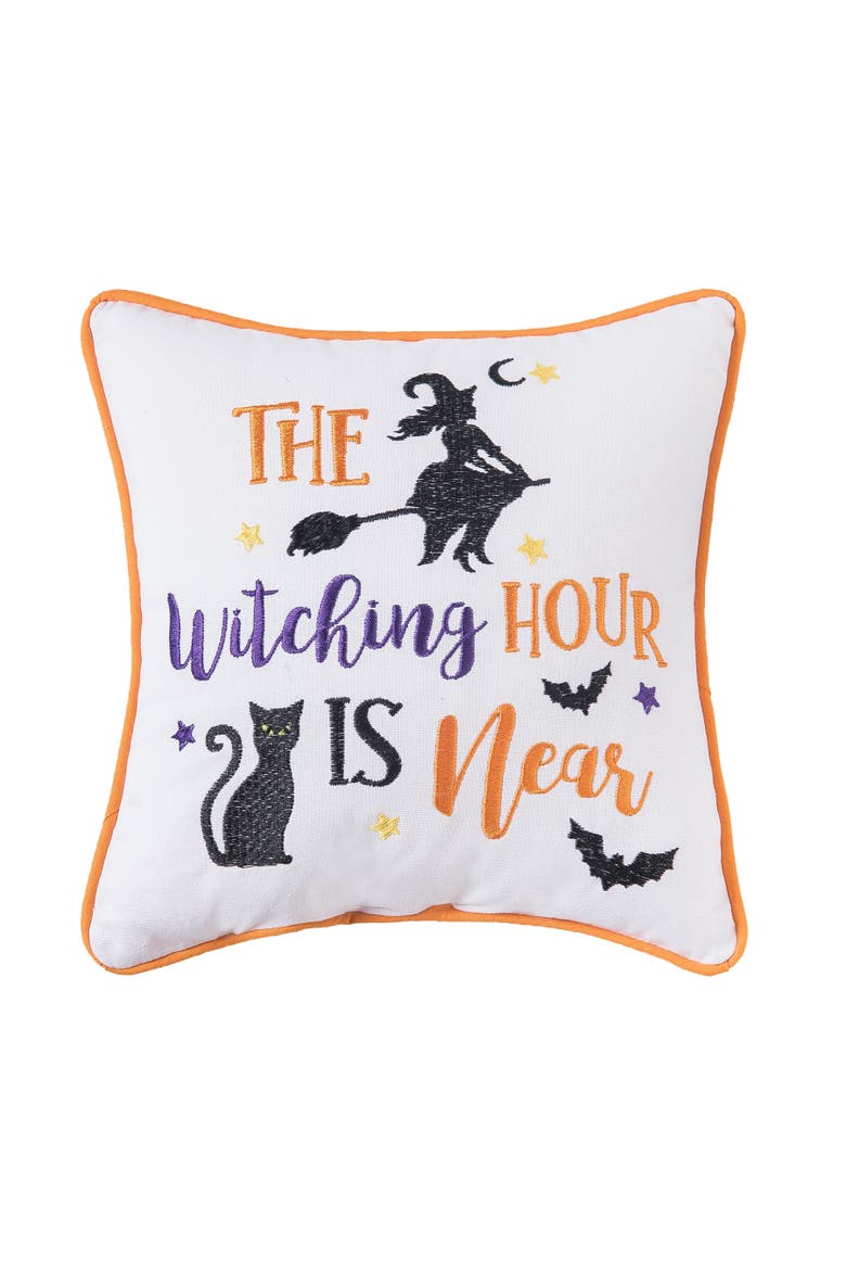 "The Witching Hour is Near" 100% Cotton Mini Halloween Accent Pillow 10" x 10", Main, color, White