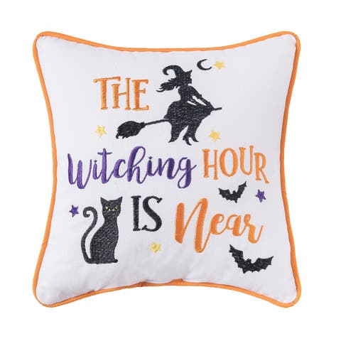 "The Witching Hour is Near" 100% Cotton Mini Halloween Accent Pillow 10" x 10"