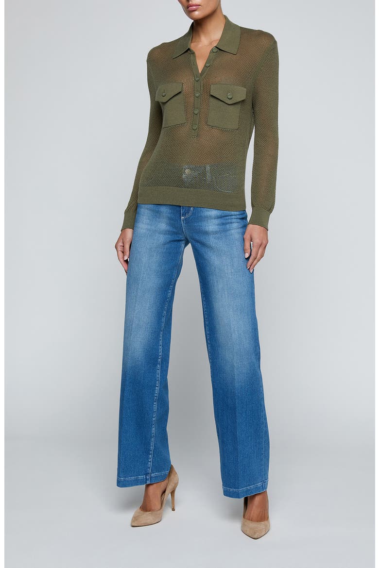 Carine Pointelle Polo Sweater, Alternate, color, SMOKEY OLIVE