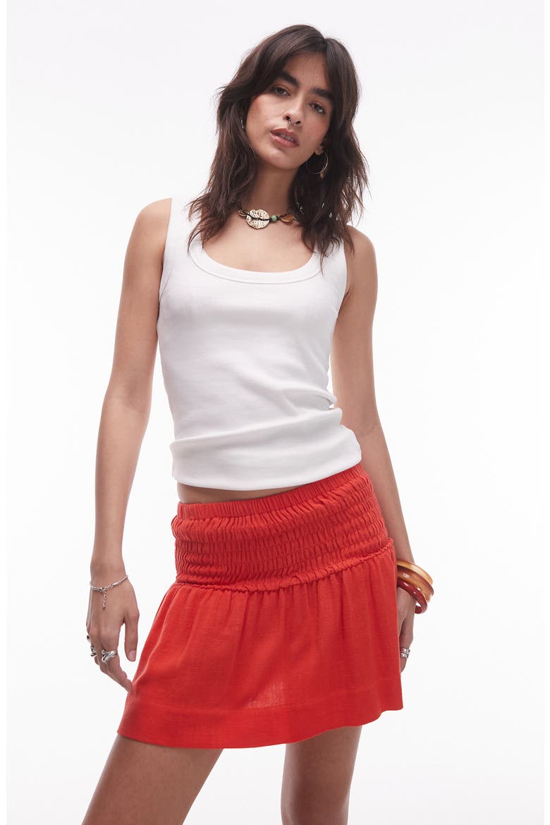 Smocked High Waist Miniskirt, Alternate, color, RED