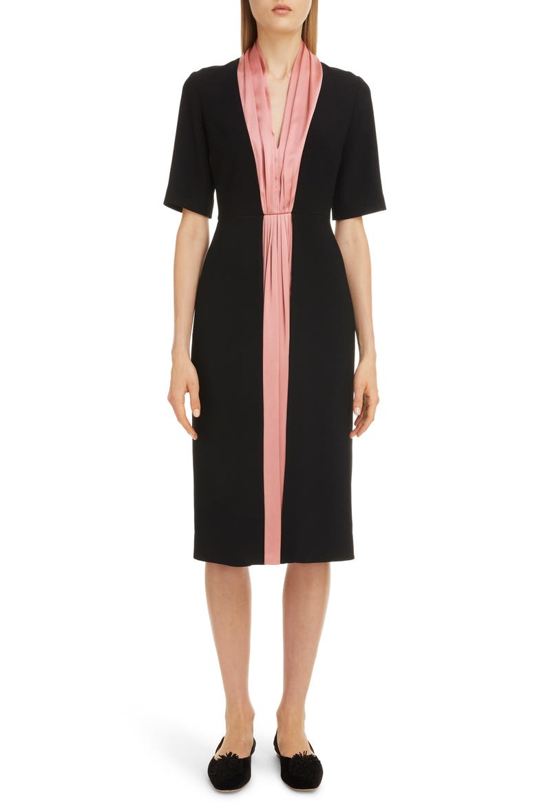 Contrast Silk Stripe Midi Dress, Main, color, BLACK/ ROSE