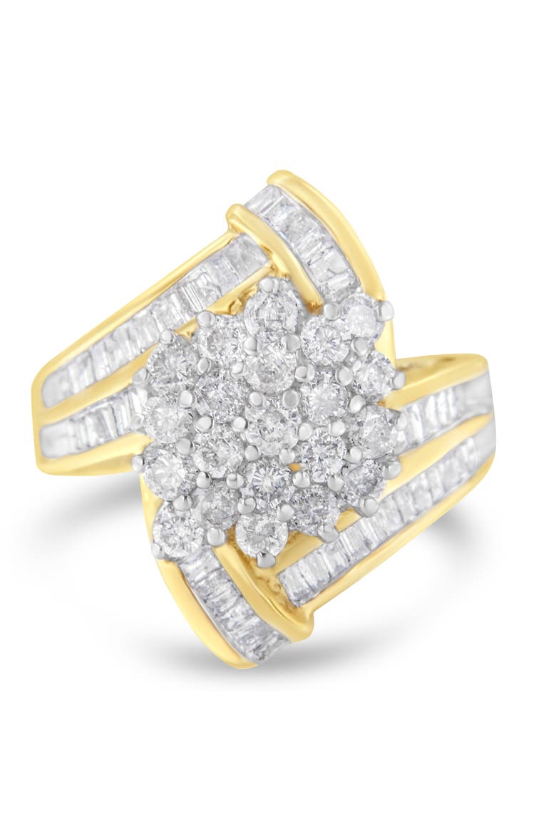 10K Gold 3 Ctw Round and Baguette Diamond Crossover Cluster Ring, Main, color, Yellow Gold