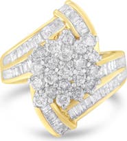 Haus of Brilliance 10K Gold 3 Ctw Round and Baguette Diamond Crossover Cluster Ring