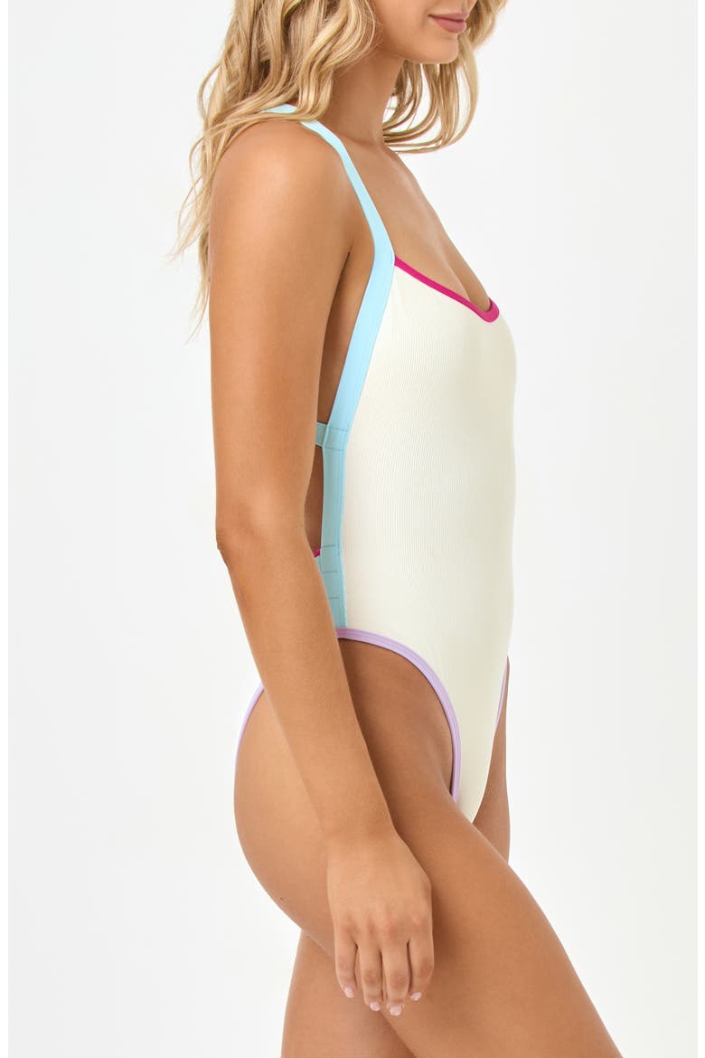 Baewatch Colorblock Trim Ribbed One-Piece Swimsuit, Alternate, color, CREAM/ BLUE/ PINK/ PURPLE