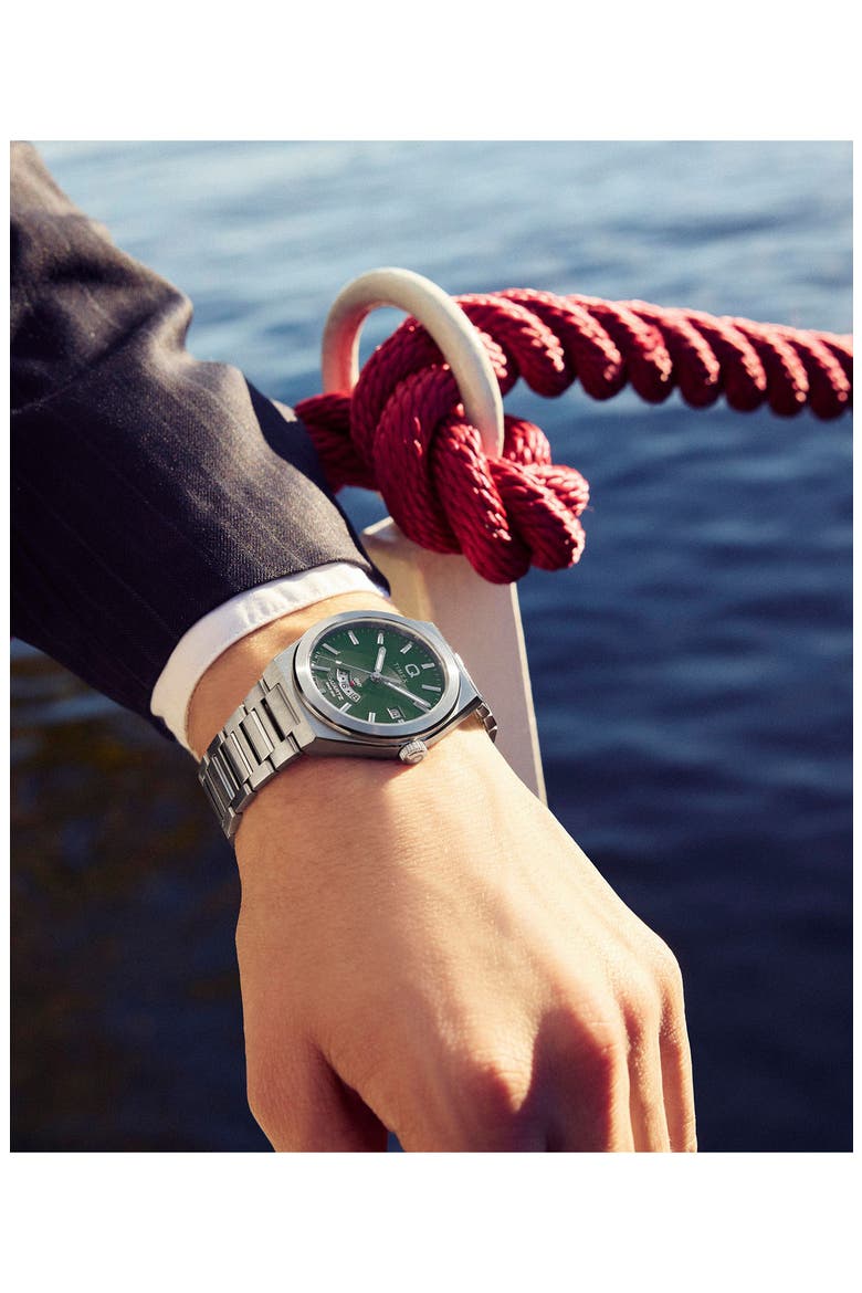 Q Timex® Continental GMT 39mm Stainless Steel Bracelet Watch, Alternate, color, GREEN/ STAINLESS STEEL
