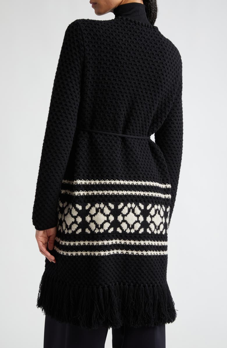 Max Mara Orione Longline Tie Waist Fringe Trim Wool & Cashmere Cardigan, Alternate, color, Black