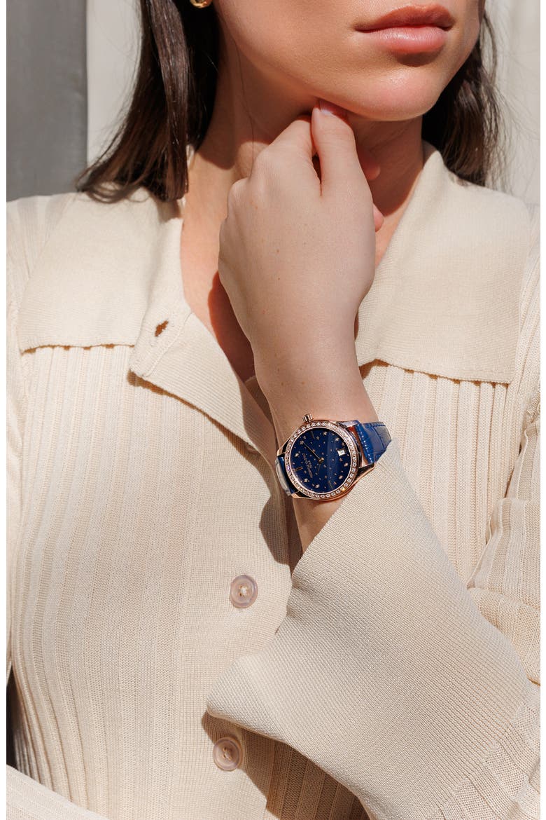 Classic Leather Strap Watch, 36mm, Alternate, color, BLUE/ ROSE GOLD