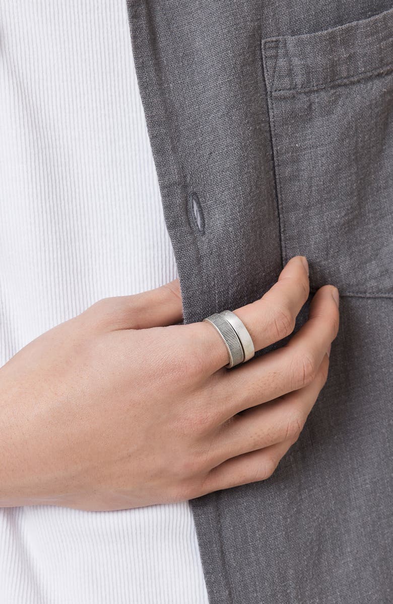 AllSaints Men's Set of 2 Textured Band Rings, Alternate, color, Warm Silver