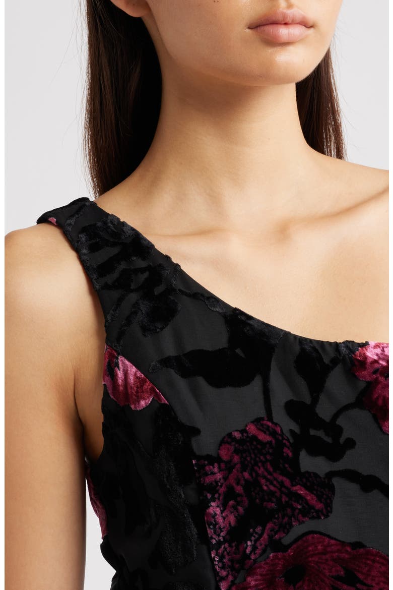 Elodie One Shoulder Burnout Floral Tiered Dress, Alternate, color, BLACK MULTI