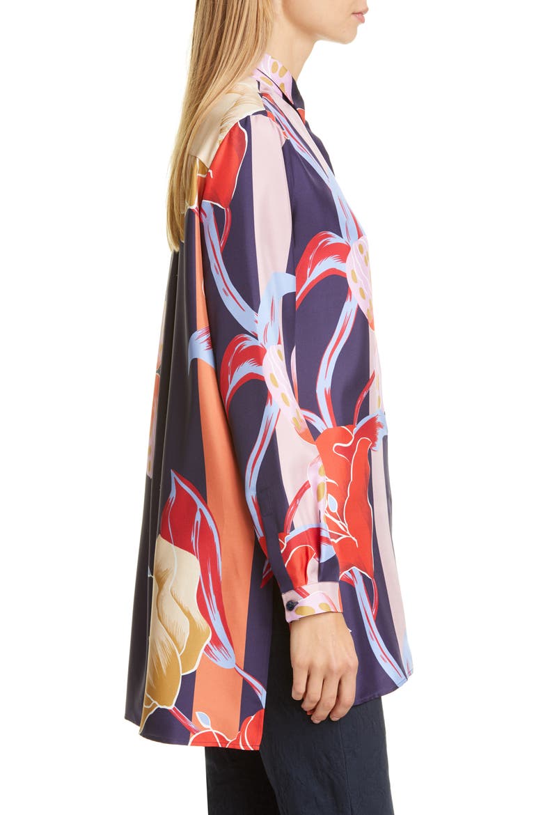 Large Lily Print Silk Tunic Shirt, Alternate, color, NAVY