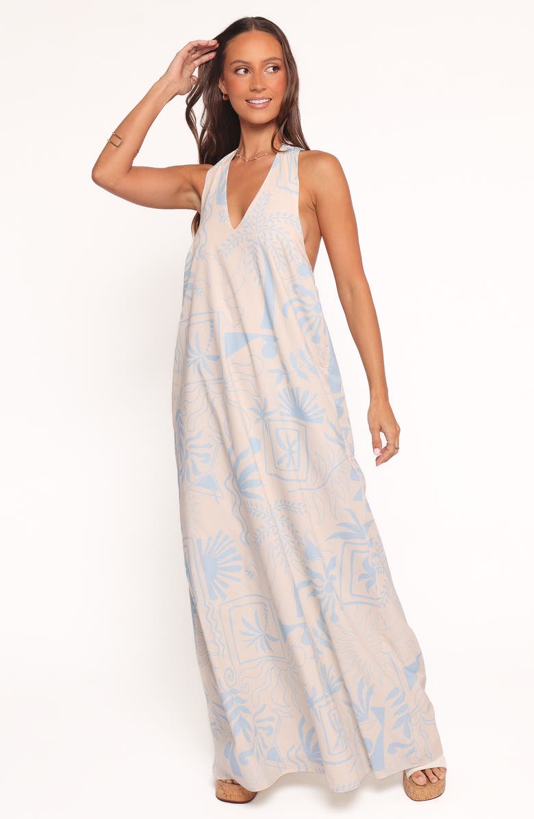 Petal & Pup Naida Mixed Print Cotton Halter Maxi Dress, Alternate, color, Blue Soleil