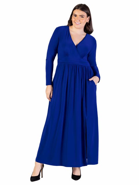 Plus Size Long Sleeve V Neck Side Slit  Maxi Dress