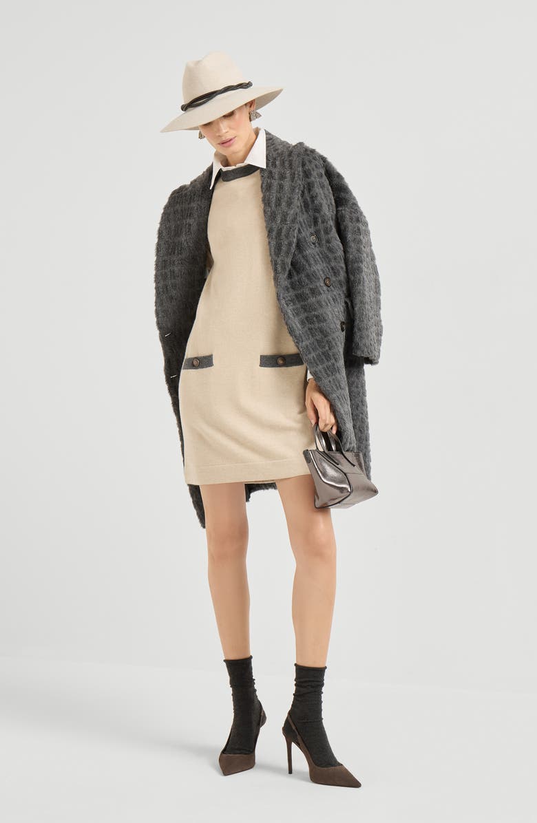 Brunello Cucinelli Dress with shiny contrast trims, Alternate, color, Beige