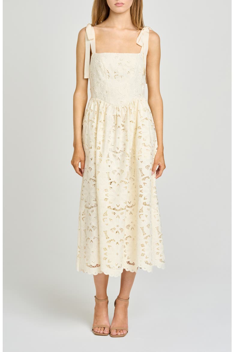 Kassi Floral Embroidered Tie Shoulder Cotton Midi Dress, Main, color, ANTIQUE IVORY
