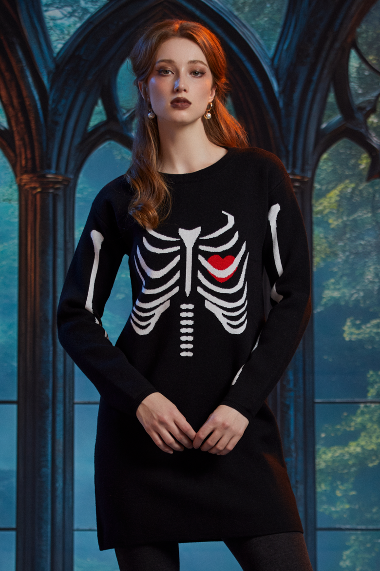 The Love Remains Halloween Sweater Dress, Alternate, color, Black Skelly