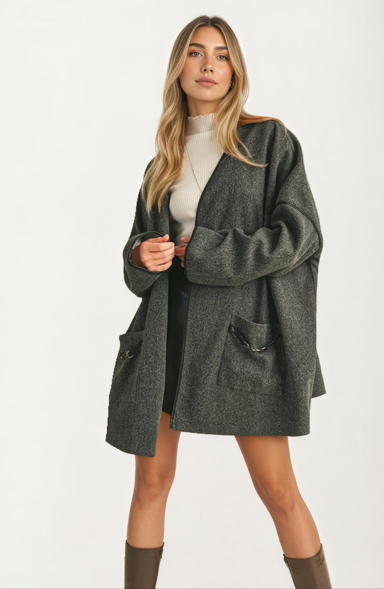 Knit and Lounge Oversized Draped Wool-Blend Contrast Pocket Trim Jacket, Main, color, 
