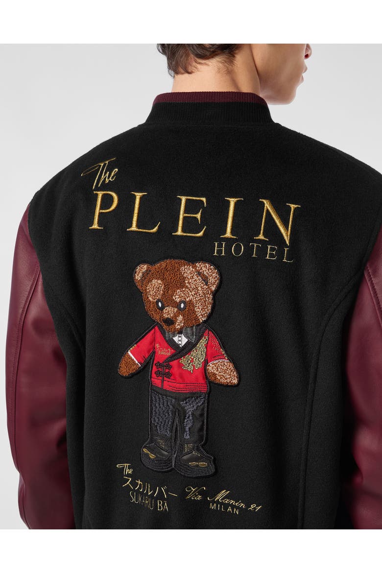 Leather And Wool Varsity Bomber Jacket Teddy Bear Men, Alternate, color, black
